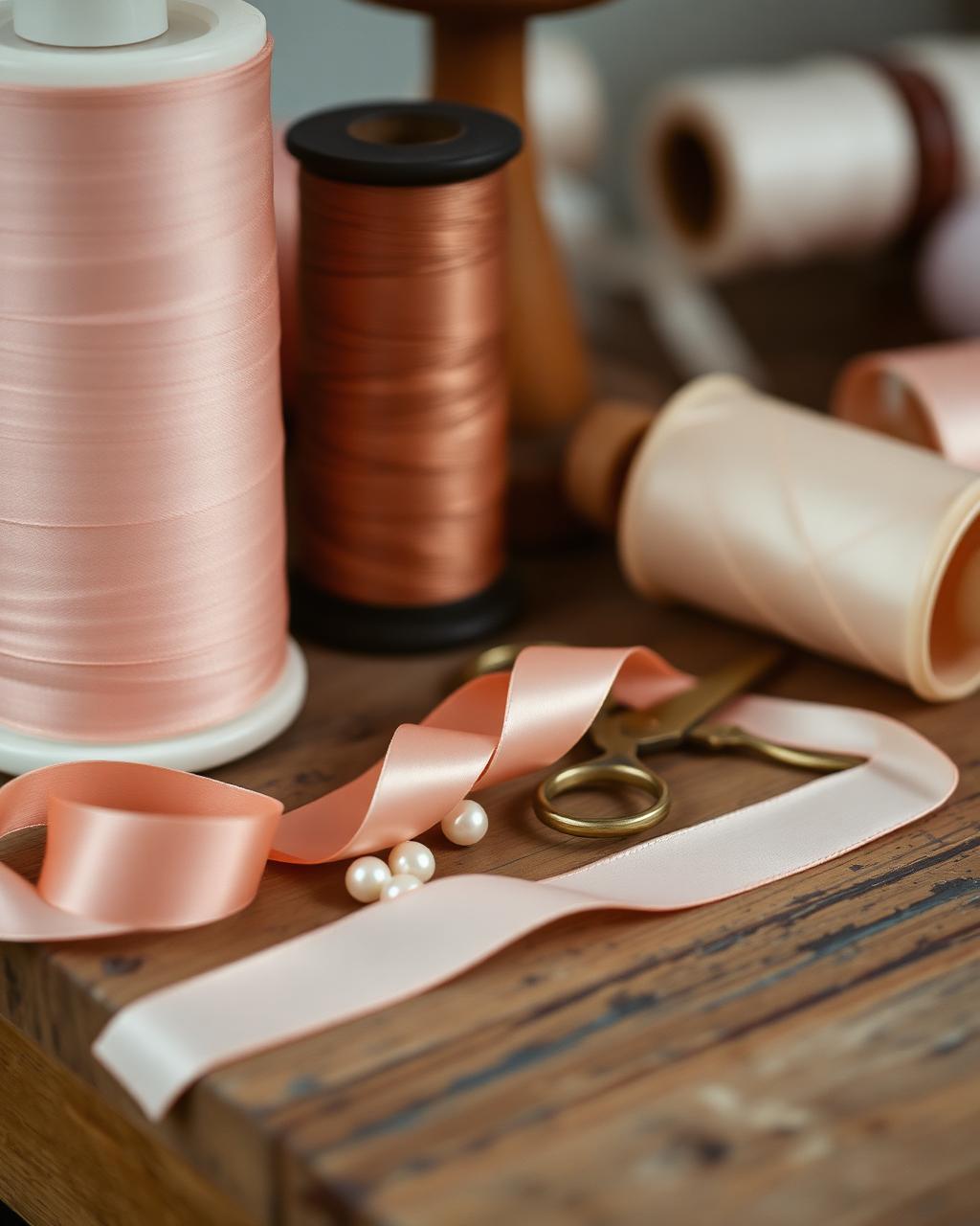 The maker’s table: silk ribbons, pearl buttons and tailor’s scissors